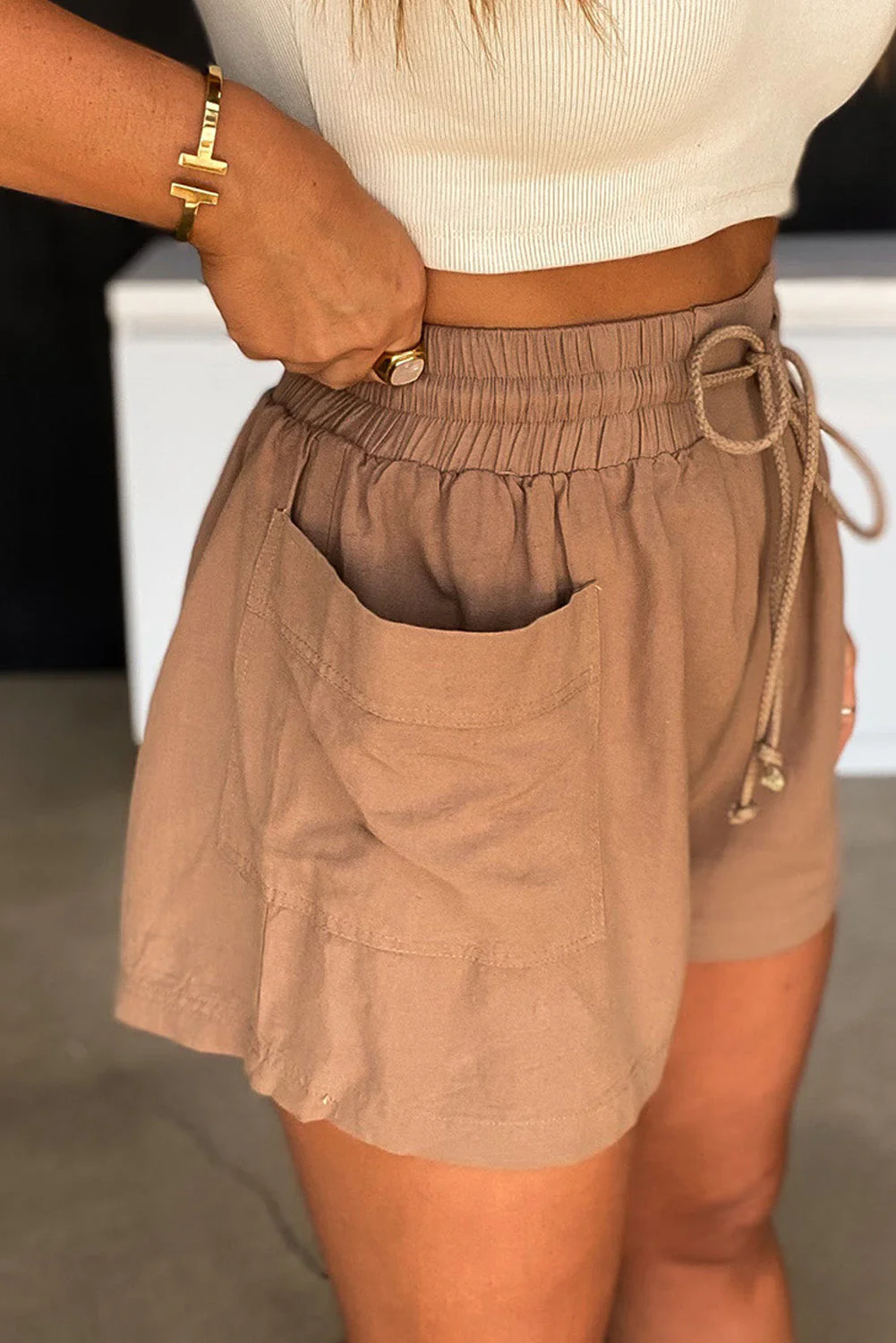 Khaki casual shorts with pockets and drawstring, boho shorts