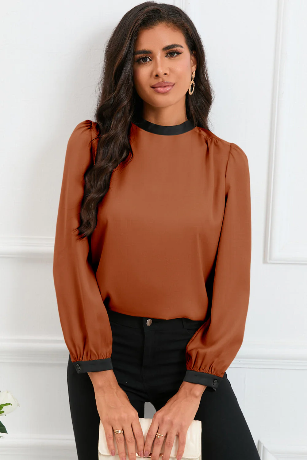 Satin Carmel and black tie blouse